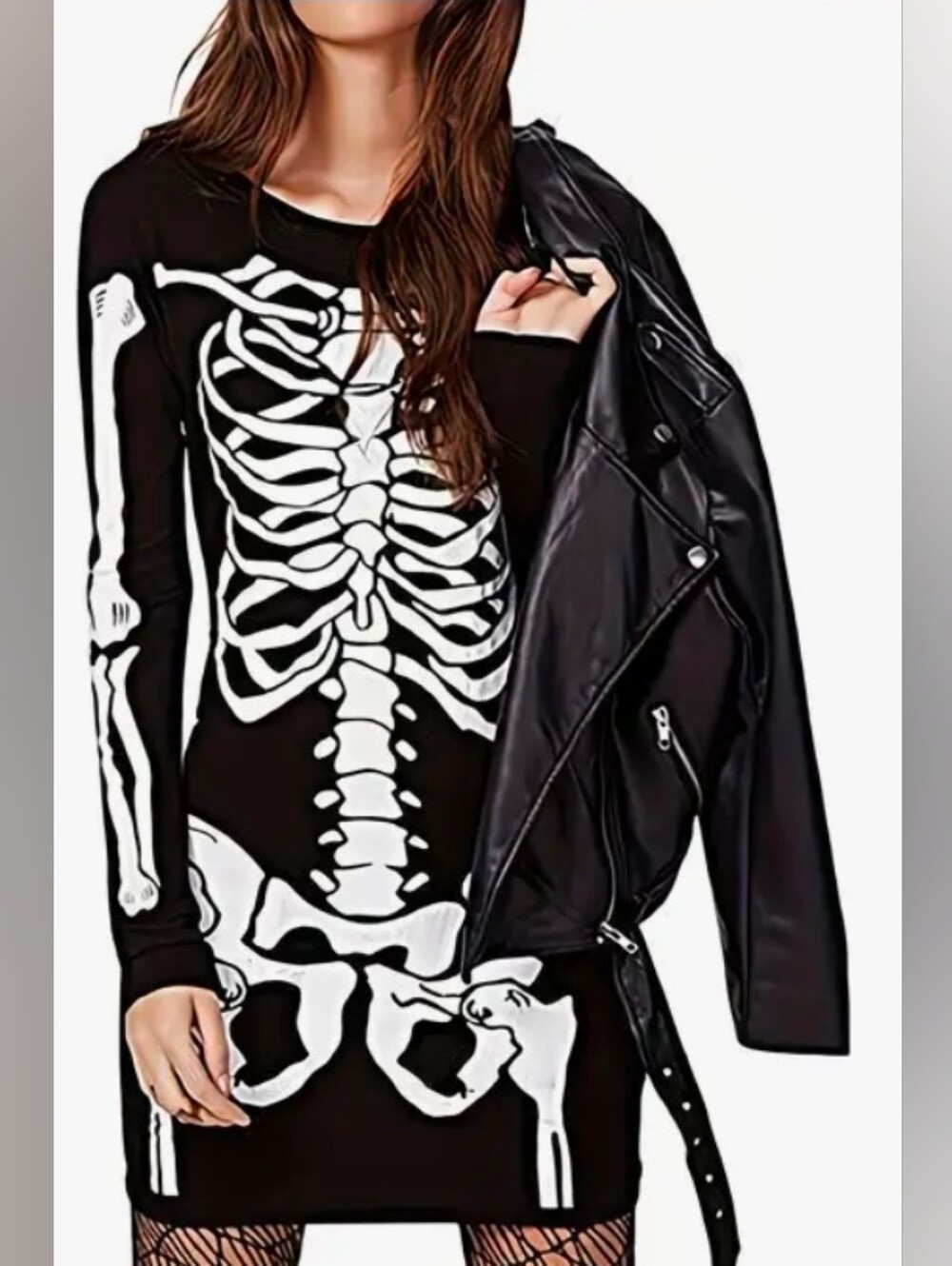 Women’s Plus Black Skeleton Print Bodycon Long Sleeve Dress